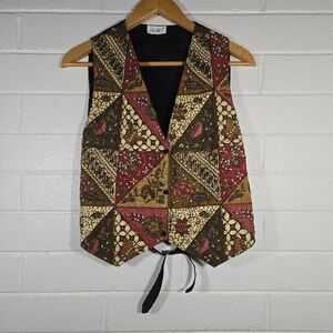 Vtg Dalin Beaded Batik Patchwork Vest Large Multi Color Snap Front Art to Wear